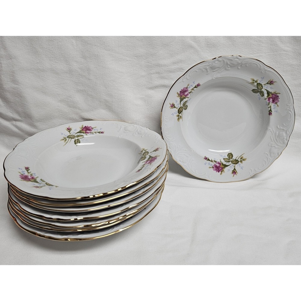 Vintage Wawel Poland Fine China Mose Rose Gold Trim Serving 8 Dinner Bowls 8"